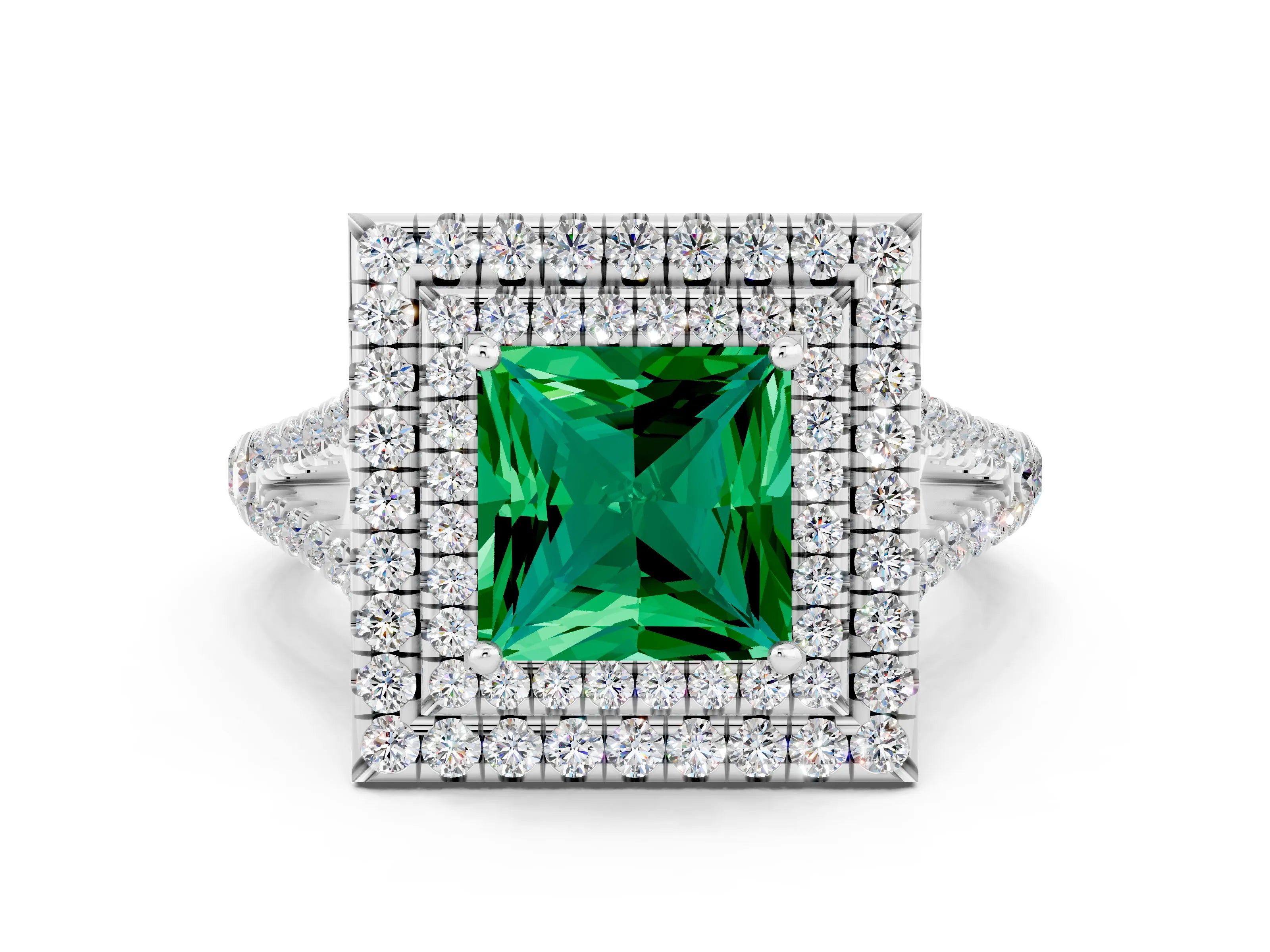 White gold Princess Cut Emerald Double Halo Ring with Pavé Band and Prong Setting_12