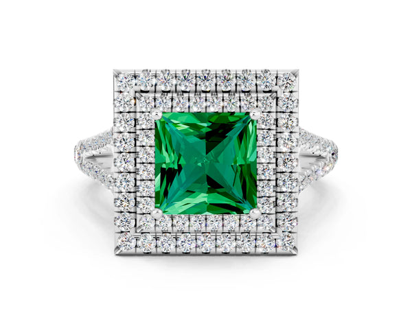 Silver Princess Cut Emerald Double Halo Ring with Pavé Band and Prong Setting