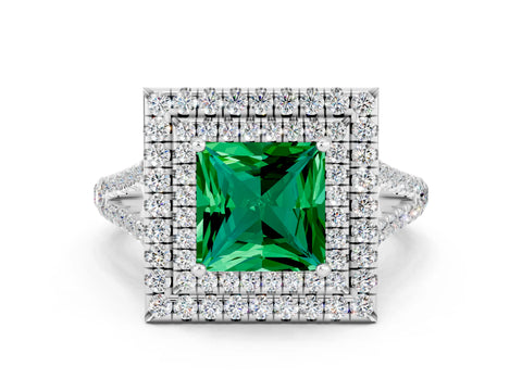 White gold Princess Cut Emerald Double Halo Ring with Pavé Band and Prong Setting_12
