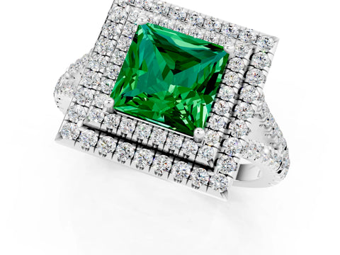 White gold Princess Cut Emerald Double Halo Ring with Pavé Band and Prong Setting_13