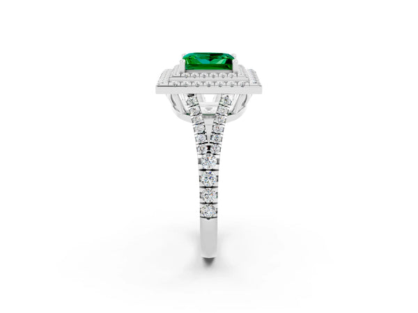 Silver Princess Cut Emerald Double Halo Ring with Pavé Band and Prong Setting
