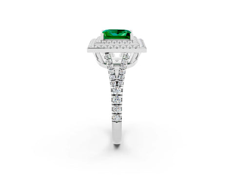 White gold Princess Cut Emerald Double Halo Ring with Pavé Band and Prong Setting_14