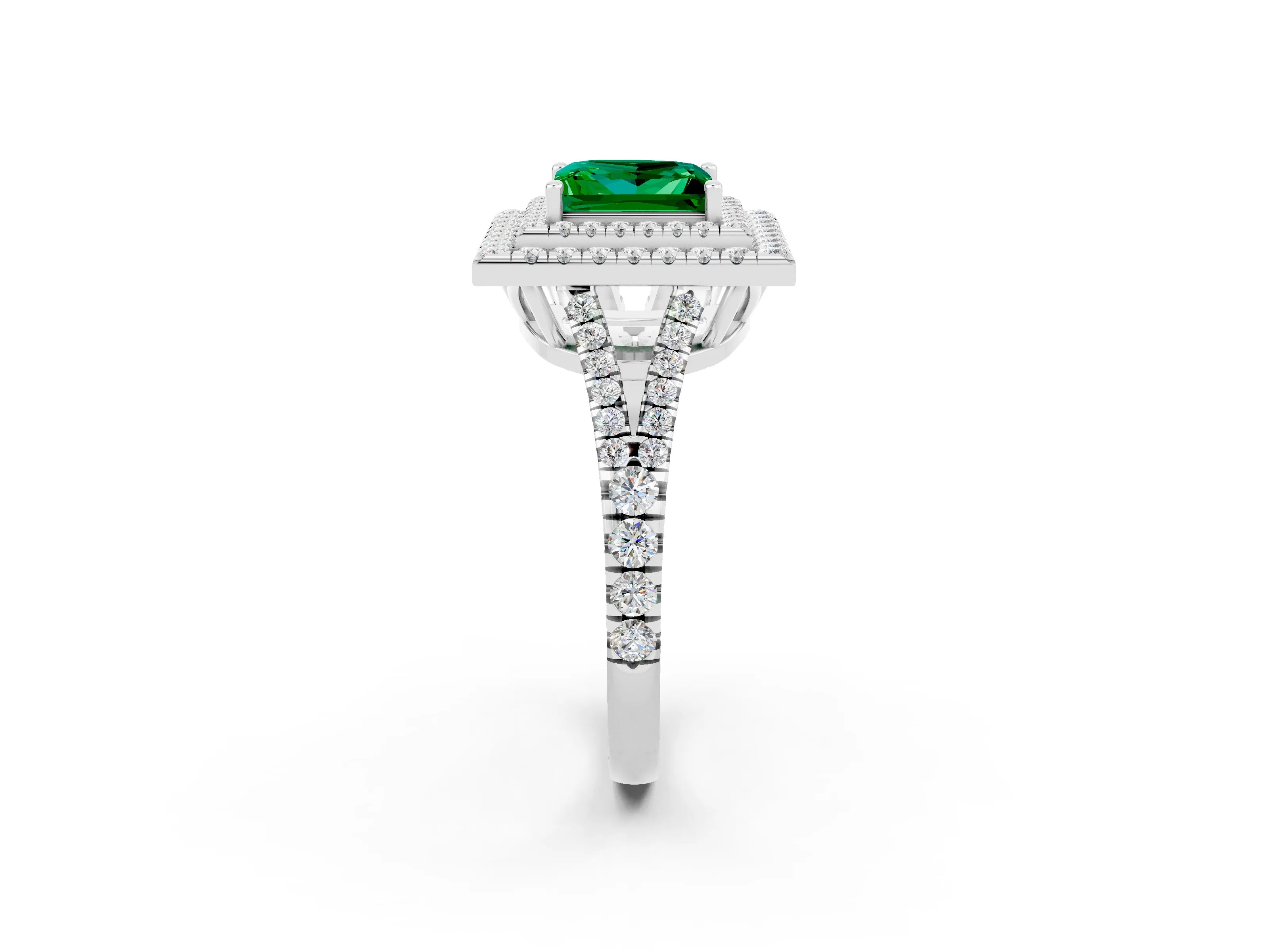 White gold Princess Cut Emerald Double Halo Ring with Pavé Band and Prong Setting_14