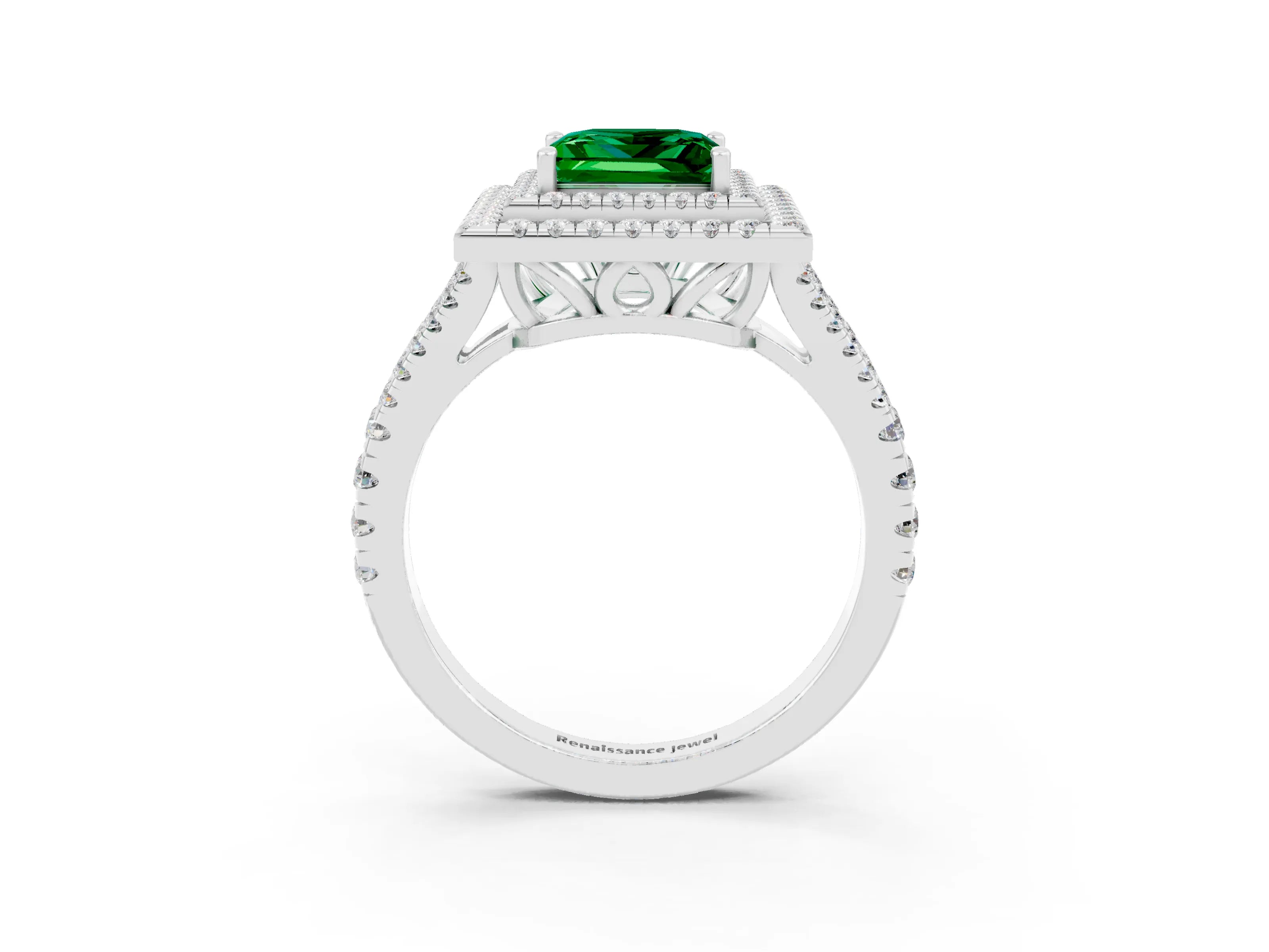 White gold Princess Cut Emerald Double Halo Ring with Pavé Band and Prong Setting_15