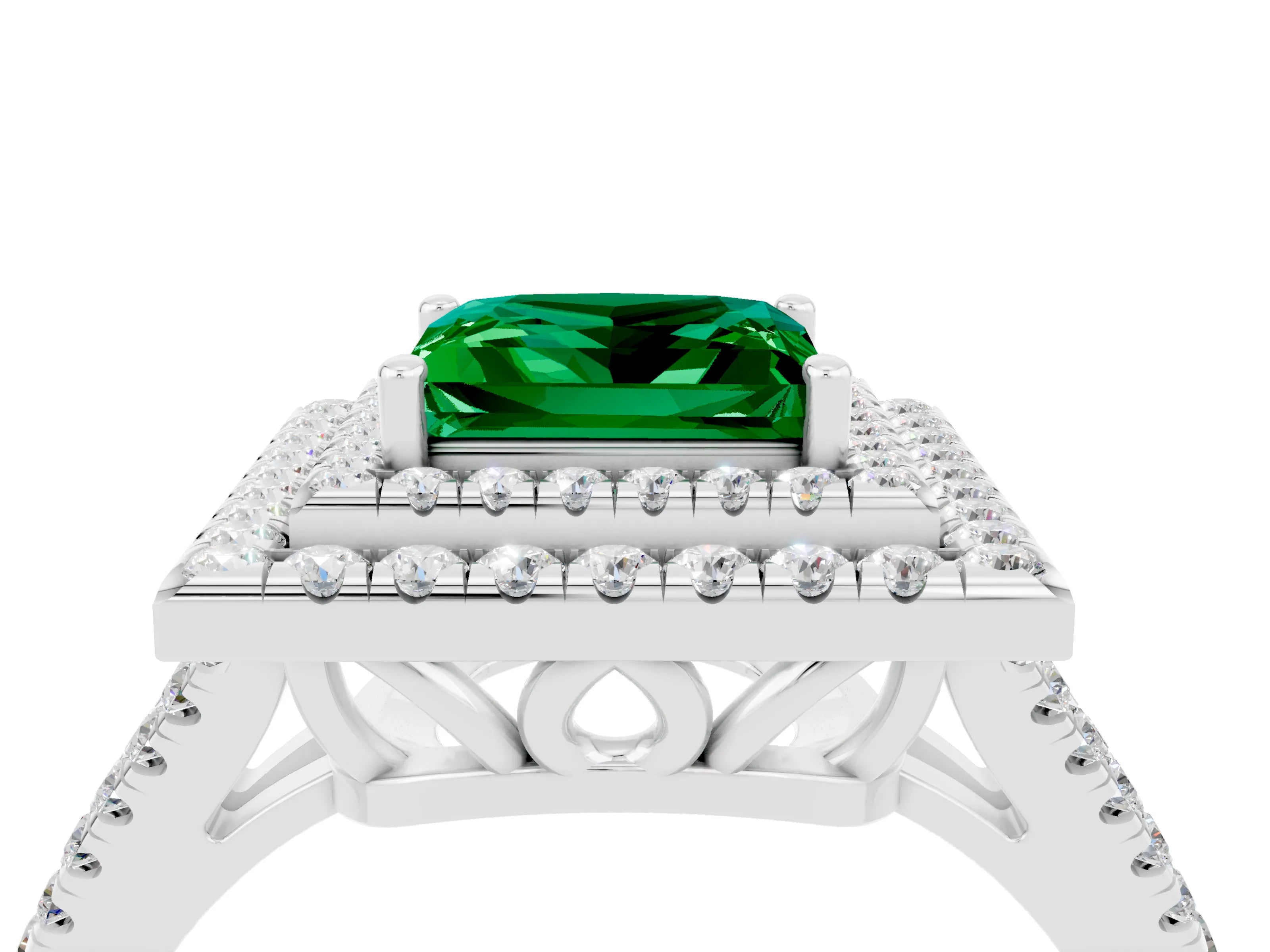 White gold Princess Cut Emerald Double Halo Ring with Pavé Band and Prong Setting_16