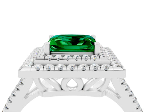 White gold Princess Cut Emerald Double Halo Ring with Pavé Band and Prong Setting_16