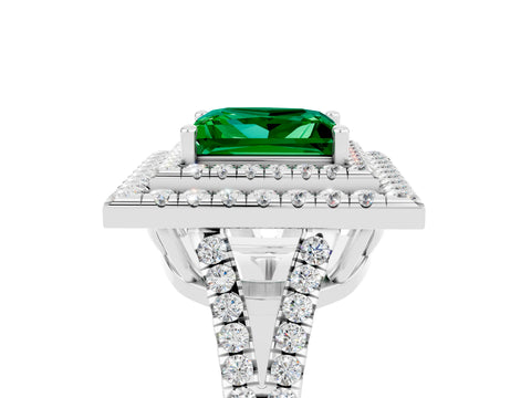 White gold Princess Cut Emerald Double Halo Ring with Pavé Band and Prong Setting_17