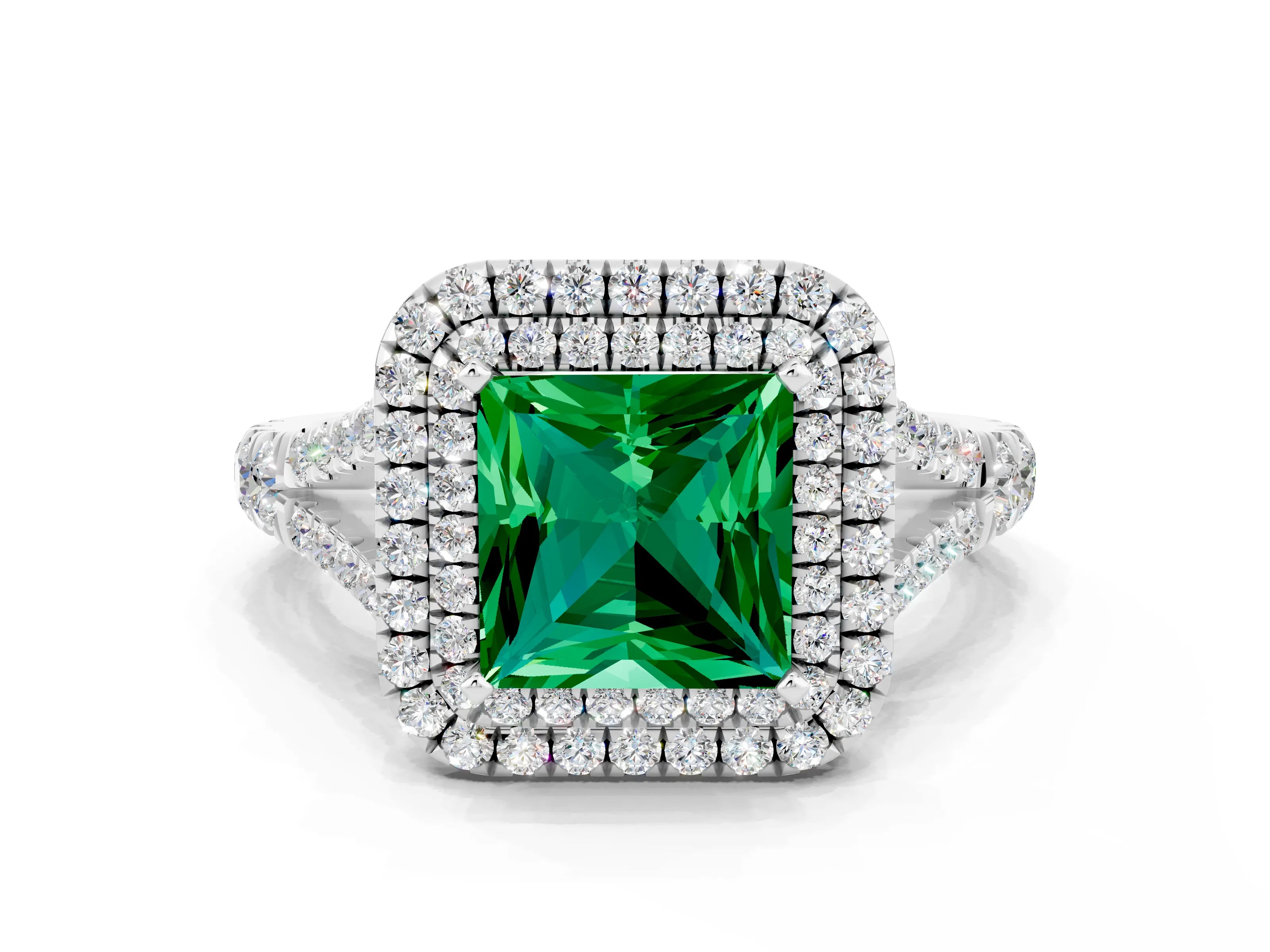 White gold Princess Cut Emerald Double Halo Ring with Split Shank and Prong Setting_12