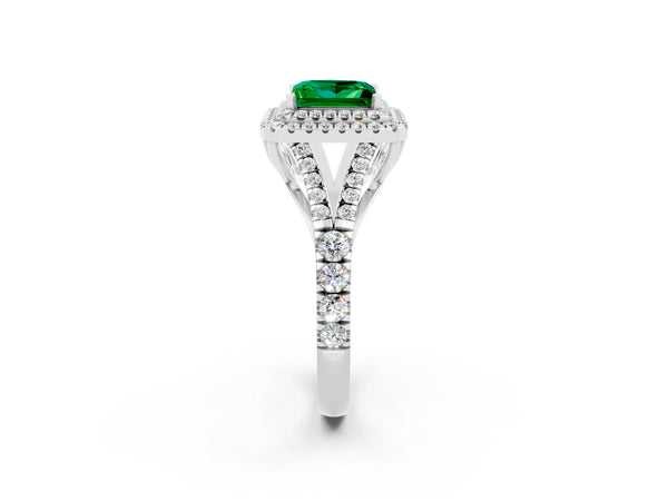 Silver Princess Cut Emerald Double Halo Ring with Split Shank and Prong Setting