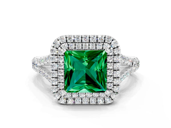 White gold Princess Cut Emerald Double Halo Ring with Split Shank and Prong Setting
