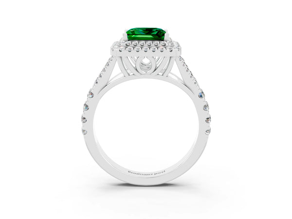 White gold Princess Cut Emerald Double Halo Ring with Split Shank and Prong Setting