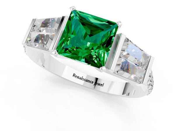 Platinum Princess Cut Emerald Engagement Ring with Baguette Side Stones and Channel Set Band