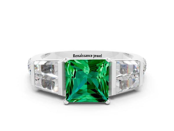 White gold Princess Cut Emerald Engagement Ring with Baguette Side Stones and Channel Set Band