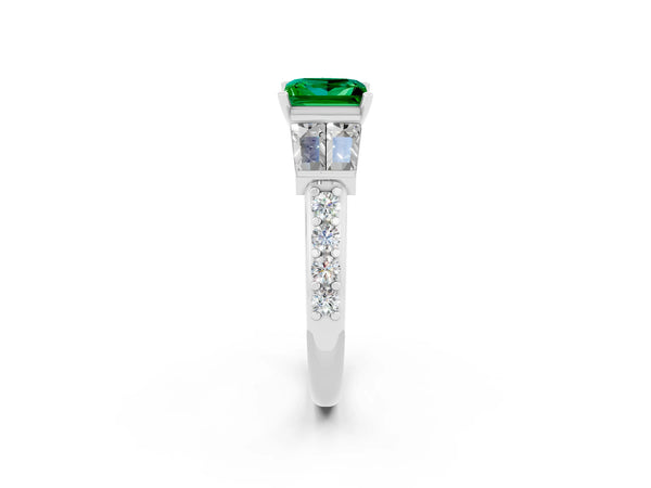 White gold Princess Cut Emerald Engagement Ring with Baguette Side Stones and Channel Set Band