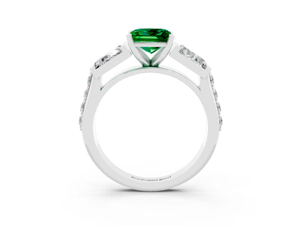 White gold Princess Cut Emerald Engagement Ring with Baguette Side Stones and Channel Set Band