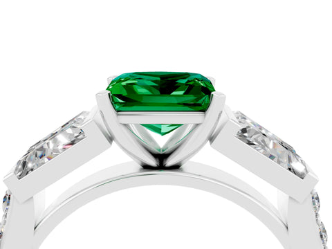 White gold Princess Cut Emerald Engagement Ring with Baguette Side Stones and Channel Set Band_4