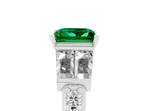 White gold Princess Cut Emerald Engagement Ring with Baguette Side Stones and Channel Set Band_5