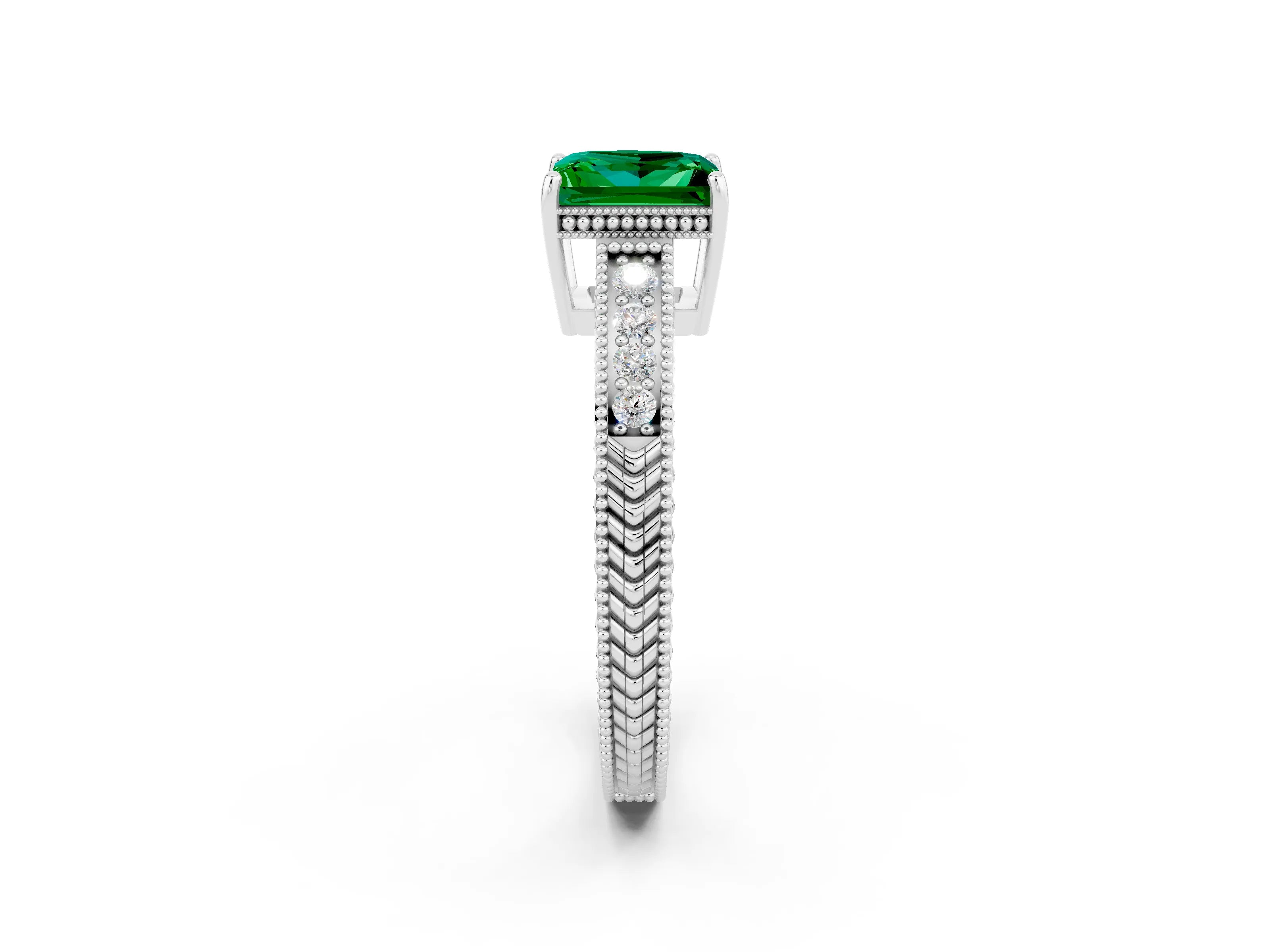 White gold Princess Cut Emerald Engagement Ring with Milgrain Channel Set Band and Prong Setting_2
