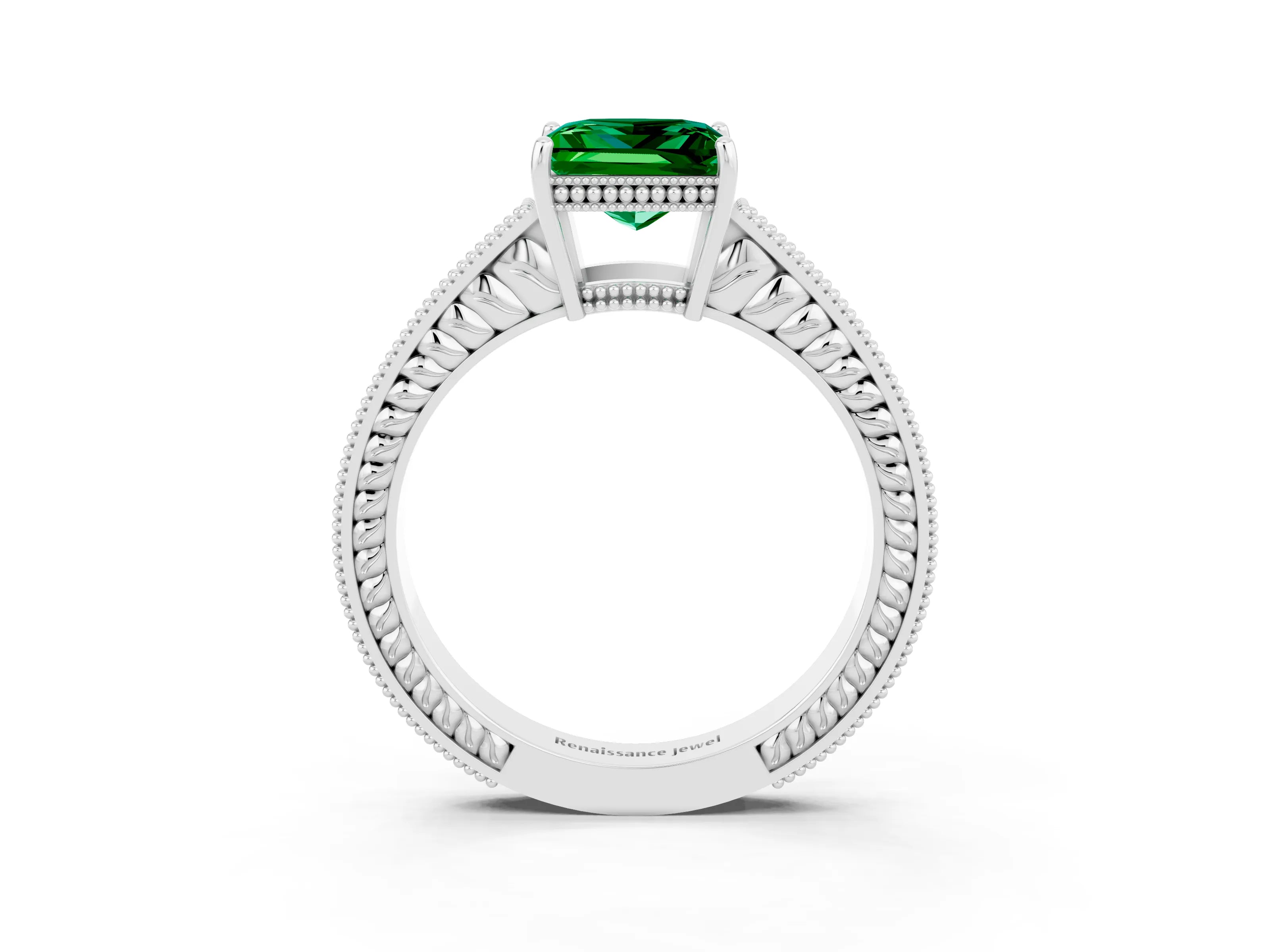 White gold Princess Cut Emerald Engagement Ring with Milgrain Channel Set Band and Prong Setting_3
