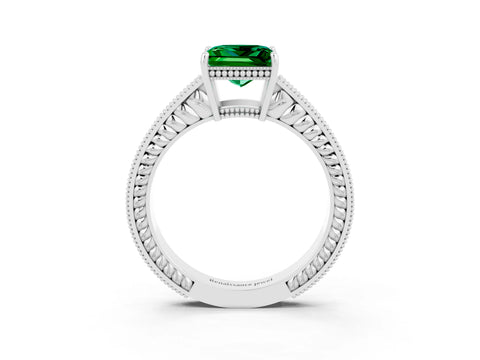 White gold Princess Cut Emerald Engagement Ring with Milgrain Channel Set Band and Prong Setting_3