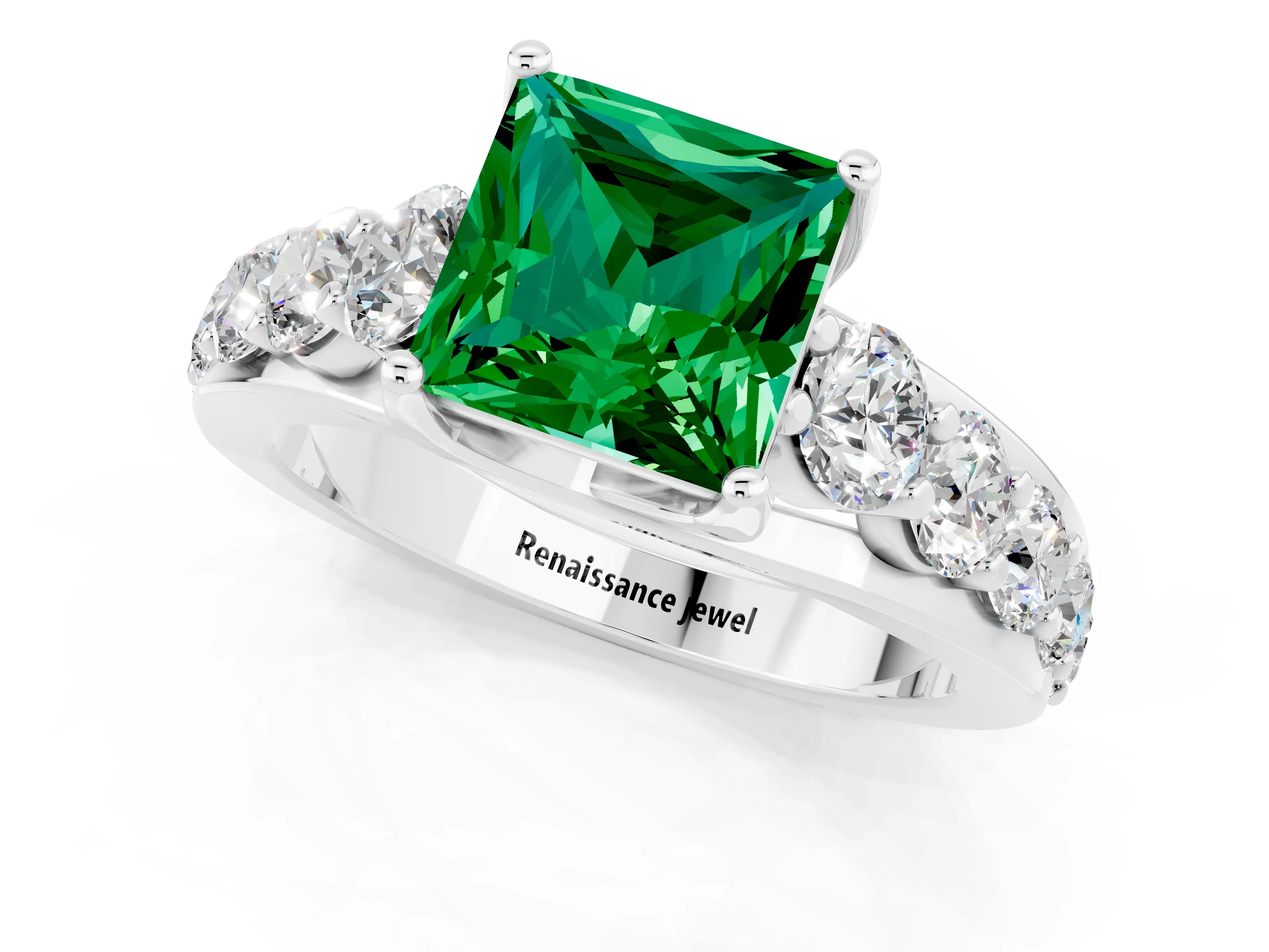 White gold Princess Cut Emerald Engagement Ring with Pavé Band and Four-Prong Setting_1