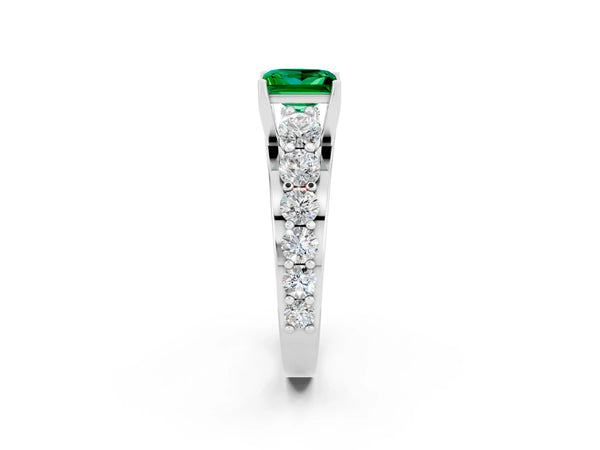 Platinum Princess Cut Emerald Engagement Ring with Pavé Band and Four-Prong Setting