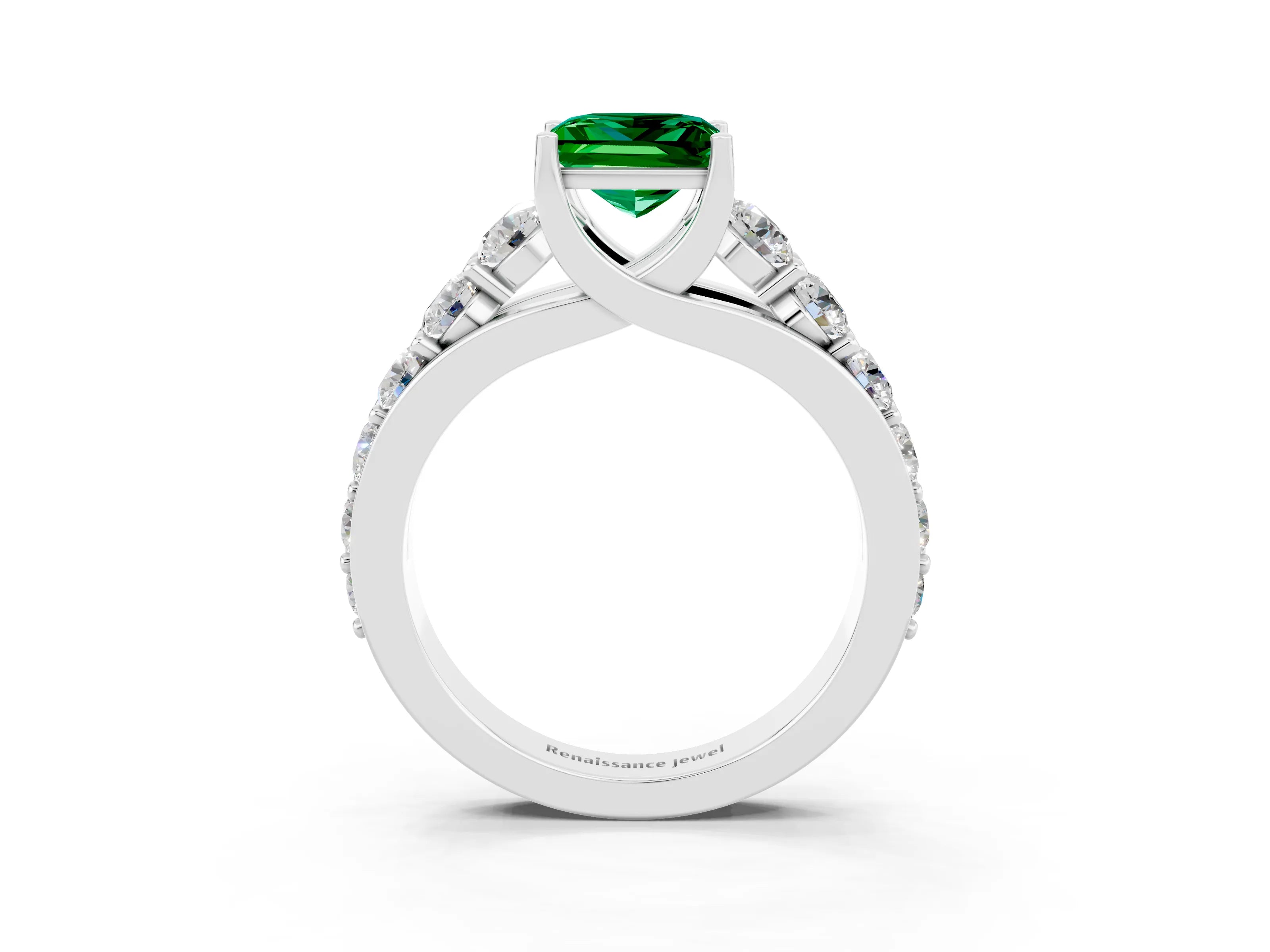 White gold Princess Cut Emerald Engagement Ring with Pavé Band and Four-Prong Setting_3