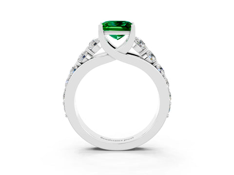 White gold Princess Cut Emerald Engagement Ring with Pavé Band and Four-Prong Setting_3