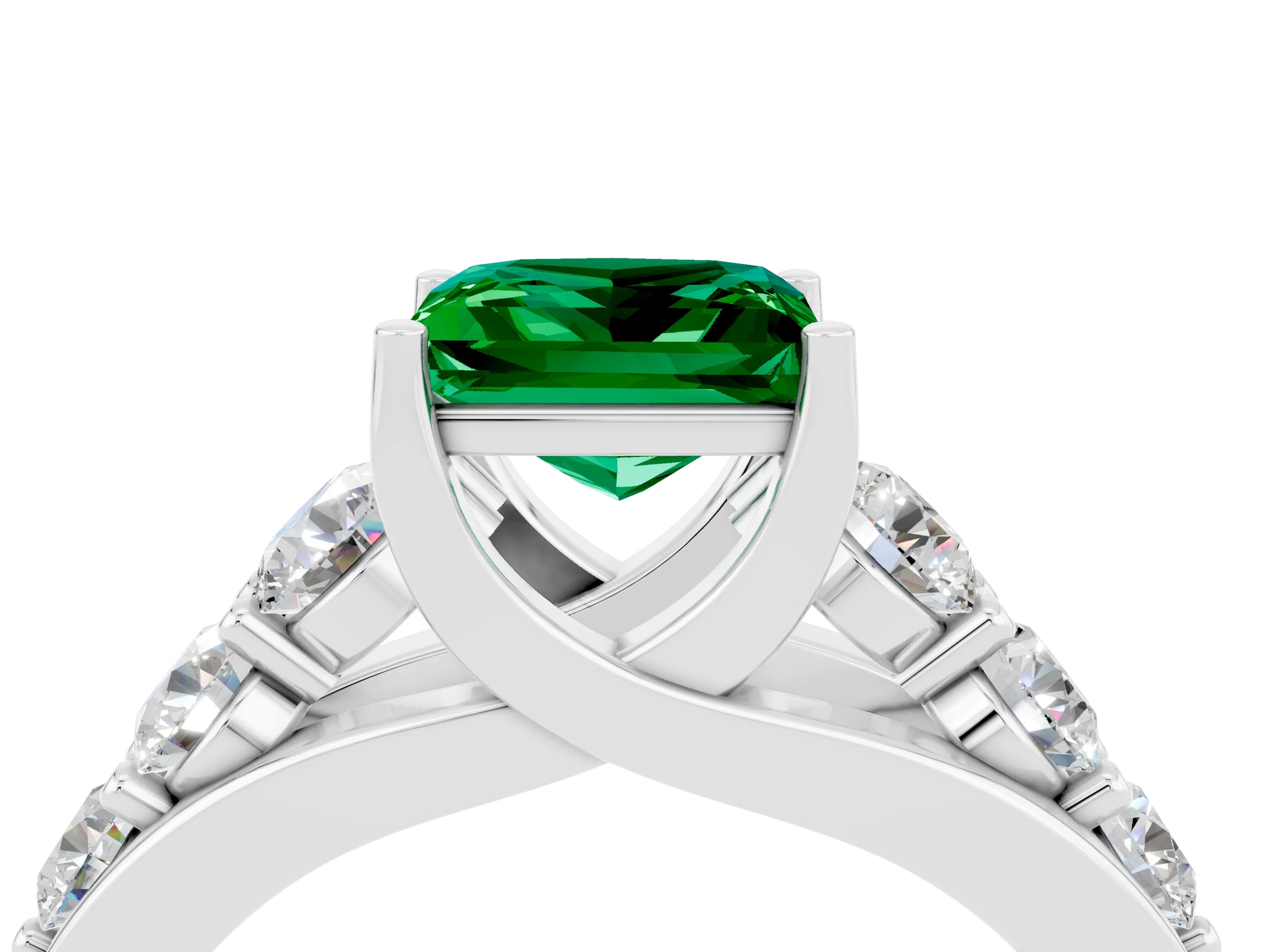 White gold Princess Cut Emerald Engagement Ring with Pavé Band and Four-Prong Setting_4