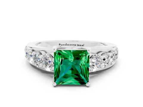 White gold Princess Cut Emerald Engagement Ring with Pavé Band and Four-Prong Setting