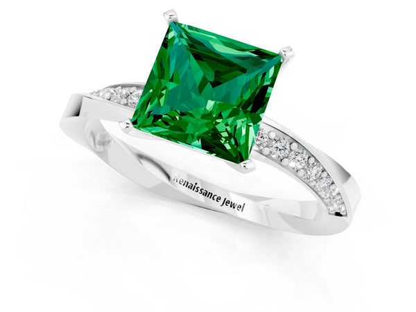 White gold Princess Cut Emerald Engagement Ring with Side Stone Accents and Four-Prong Setting
