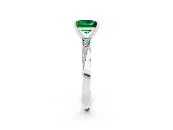 White gold Princess Cut Emerald Engagement Ring with Side Stone Accents and Four-Prong Setting