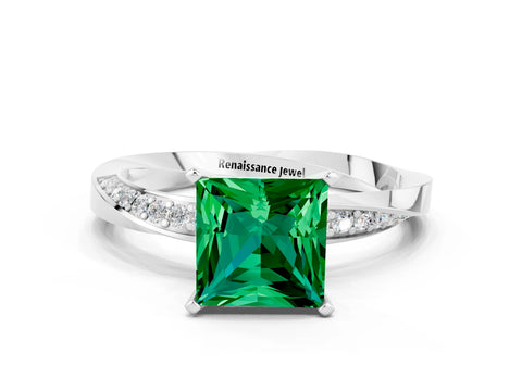 White gold Princess Cut Emerald Engagement Ring with Side Stone Accents and Four-Prong Setting_39