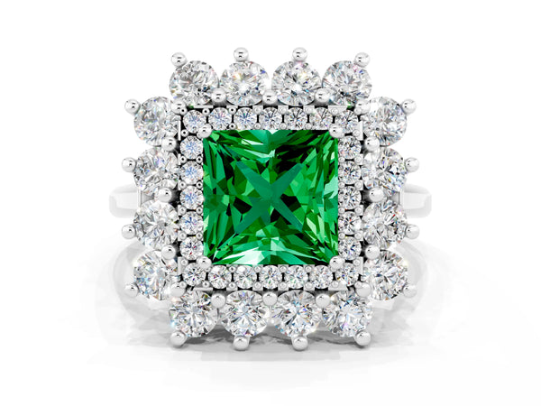 White gold Princess Cut Emerald Floral Double Halo Engagement Ring with Prong Setting