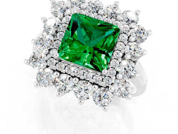 White gold Princess Cut Emerald Floral Double Halo Engagement Ring with Prong Setting