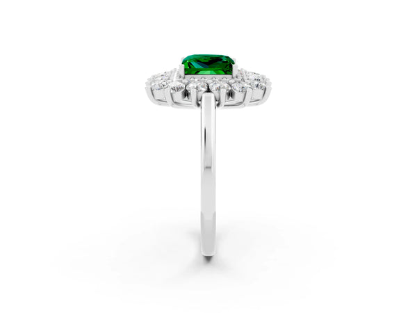 White gold Princess Cut Emerald Floral Double Halo Engagement Ring with Prong Setting