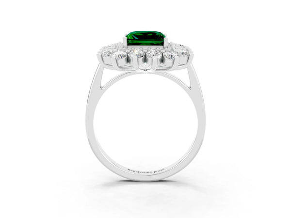 White gold Princess Cut Emerald Floral Double Halo Engagement Ring with Prong Setting