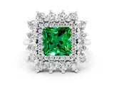 White gold Princess Cut Emerald Floral Double Halo Engagement Ring with Prong Setting_36