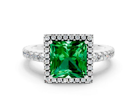 White gold Princess Cut Emerald Halo Engagement Ring with Pavé Band and Prong Setting_12