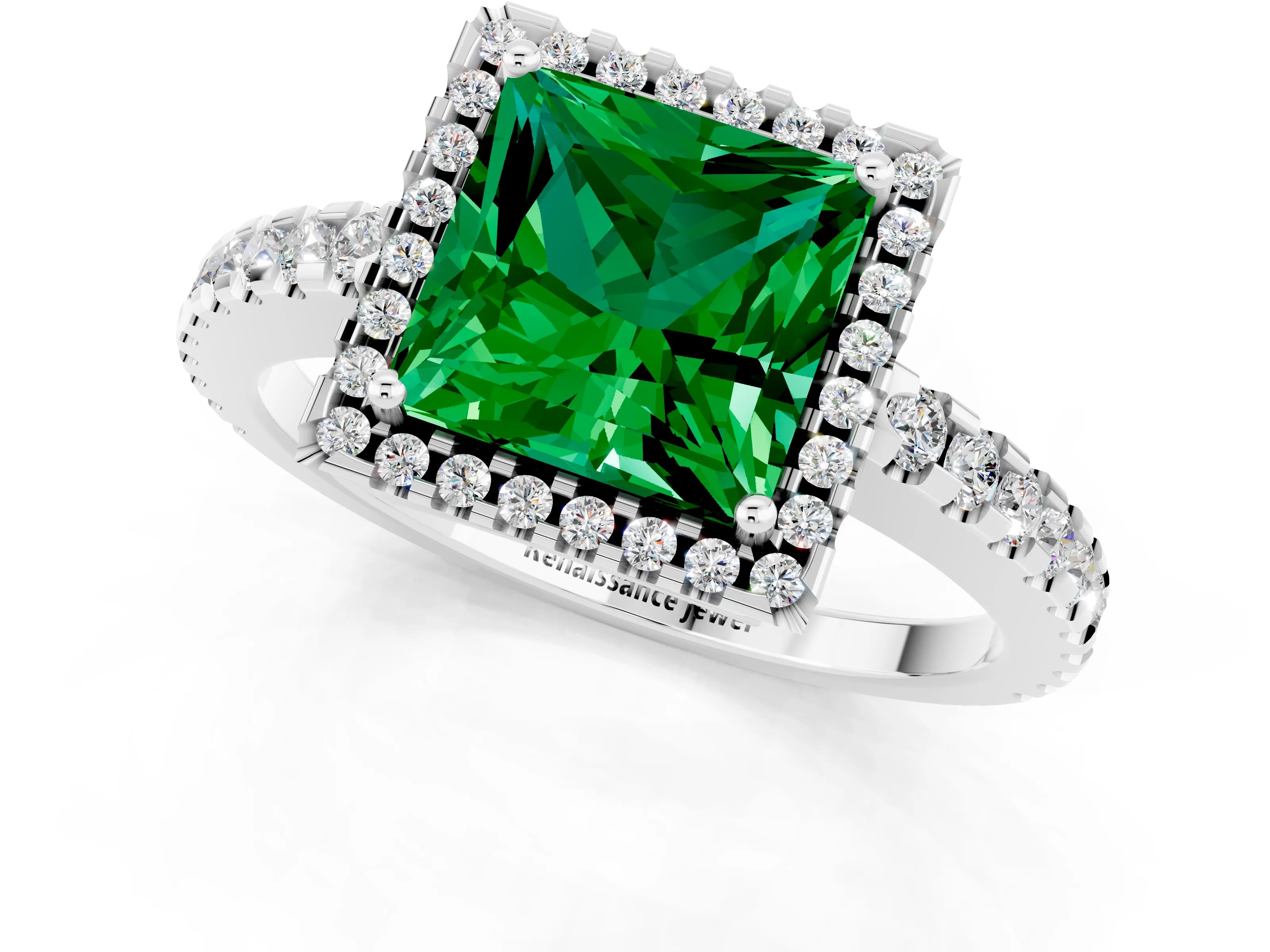 White gold Princess Cut Emerald Halo Engagement Ring with Pavé Band and Prong Setting_13