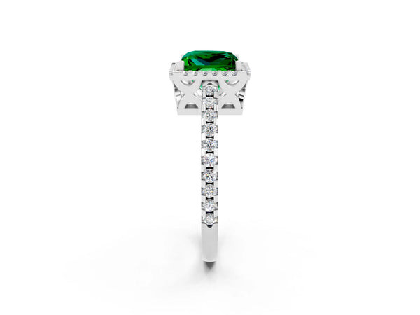 White gold Princess Cut Emerald Halo Engagement Ring with Pavé Band and Prong Setting