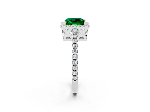 White gold Princess Cut Emerald Halo Engagement Ring with Pavé Band and Prong Setting_14