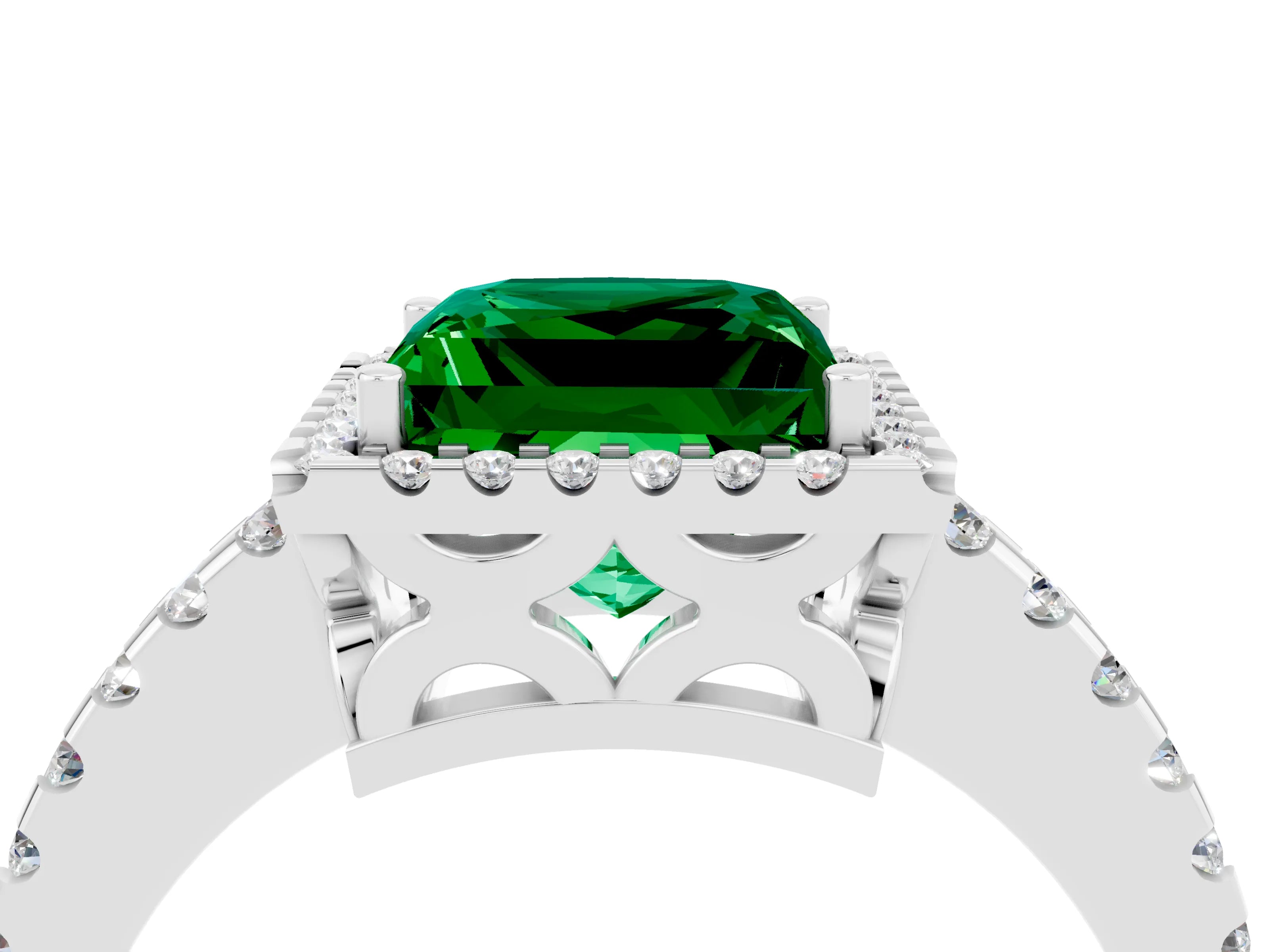 White gold Princess Cut Emerald Halo Engagement Ring with Pavé Band and Prong Setting_16