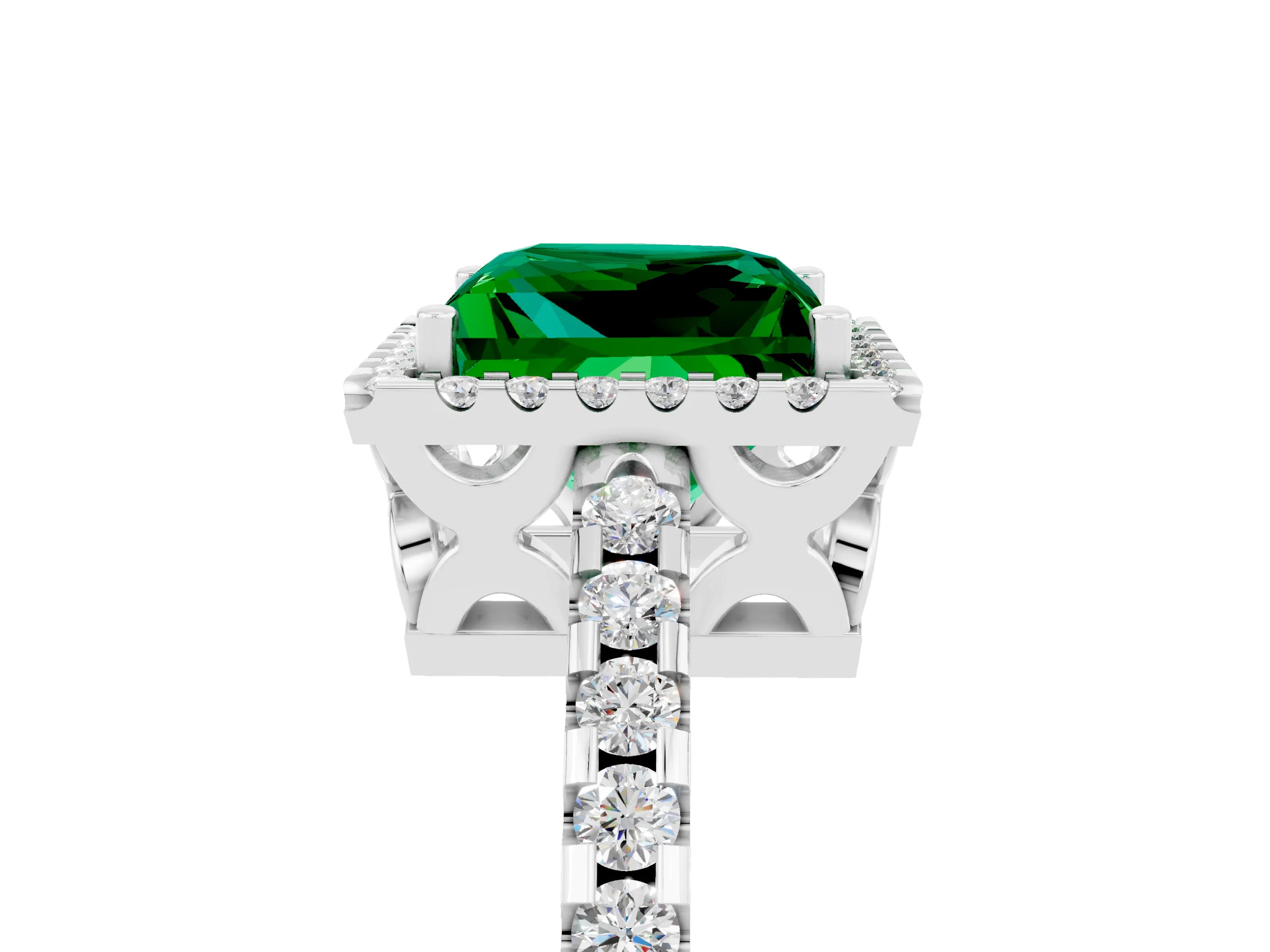 White gold Princess Cut Emerald Halo Engagement Ring with Pavé Band and Prong Setting_17