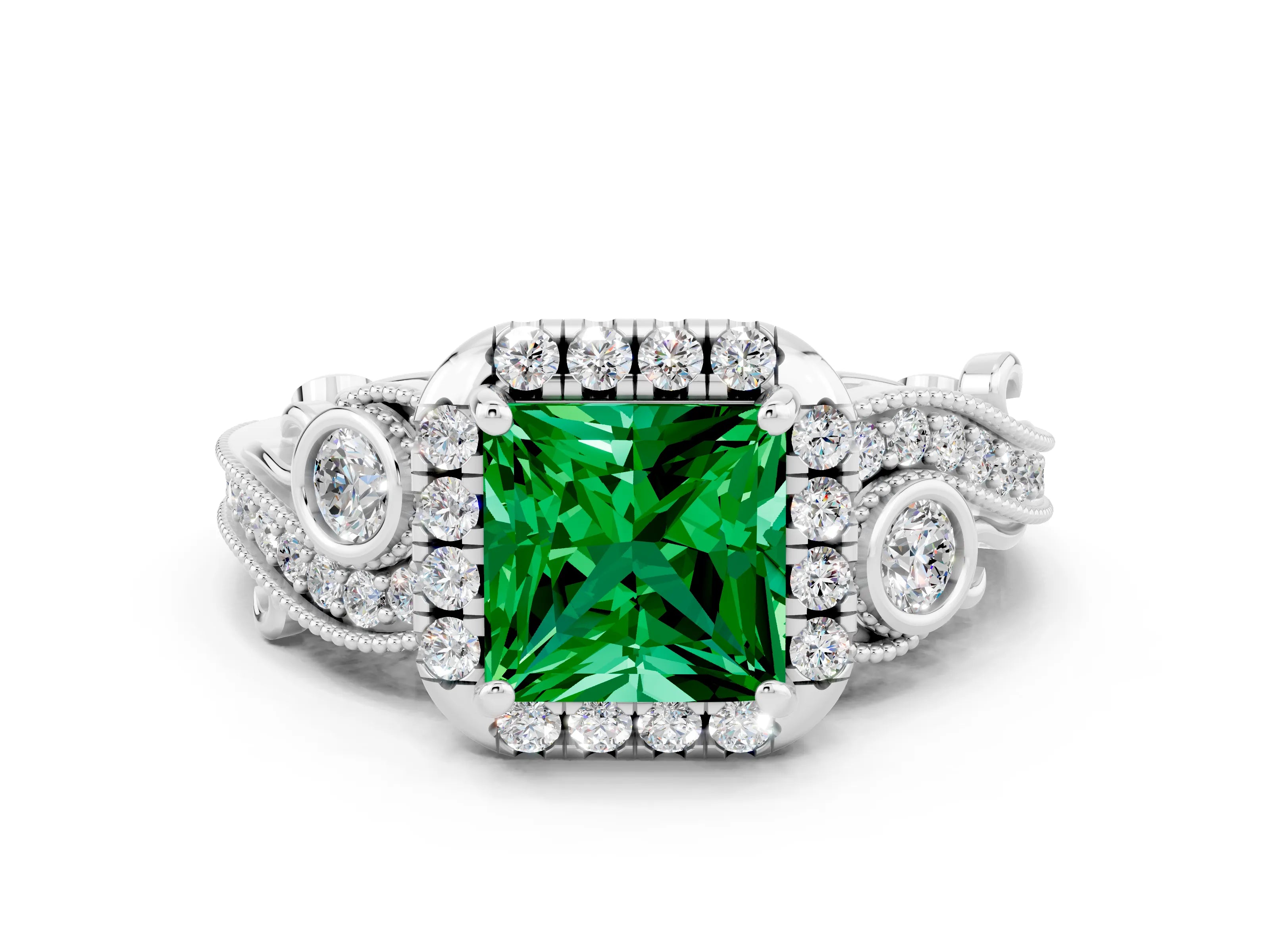 White gold Princess Cut Emerald Halo Ring with Milgrain Pavé Band and Four-Prong Setting_42