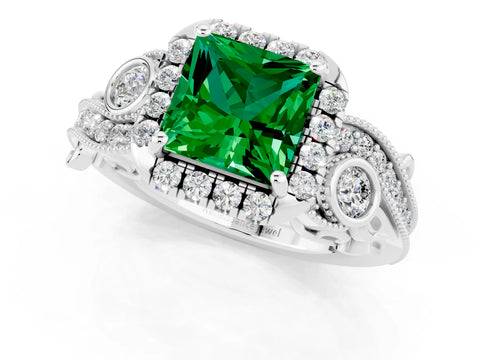White gold Princess Cut Emerald Halo Ring with Milgrain Pavé Band and Four-Prong Setting_43