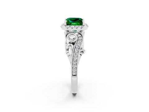 White gold Princess Cut Emerald Halo Ring with Milgrain Pavé Band and Four-Prong Setting_44