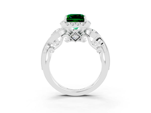 White gold Princess Cut Emerald Halo Ring with Milgrain Pavé Band and Four-Prong Setting