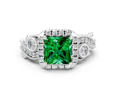 White gold Princess Cut Emerald Halo Ring with Milgrain Pavé Band and Four-Prong Setting_45