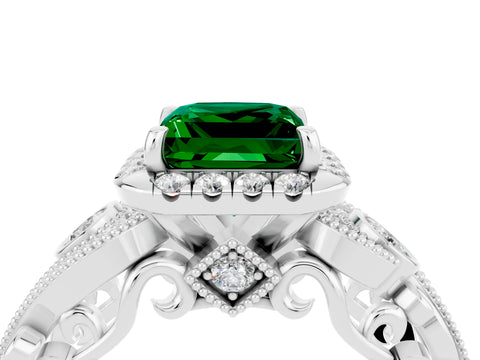 White gold Princess Cut Emerald Halo Ring with Milgrain Pavé Band and Four-Prong Setting_46